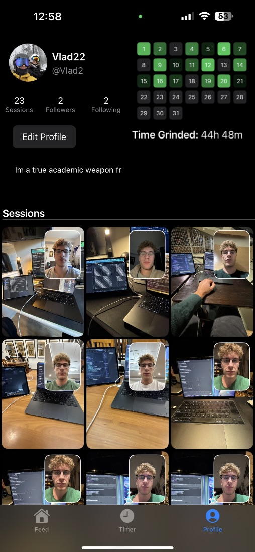 GrindTime profile screen