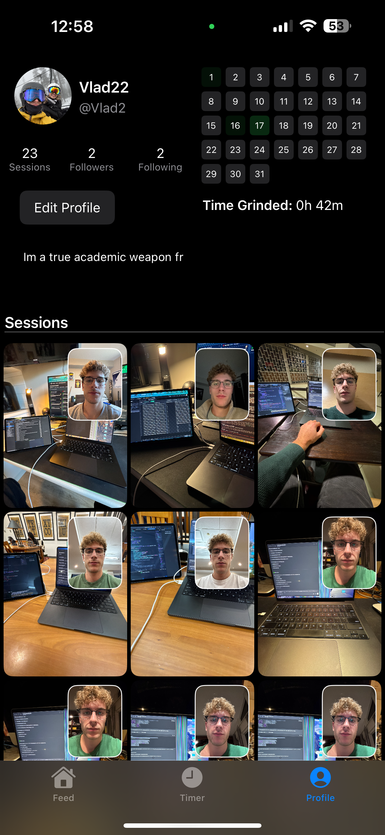 GrindTime profile screen